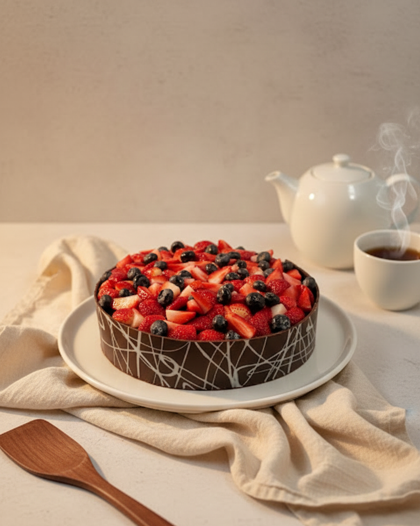 Chocolate mousse cake with strawberries and blueberries