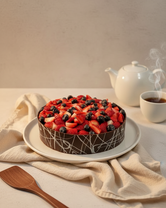Chocolate mousse cake with strawberries and blueberries