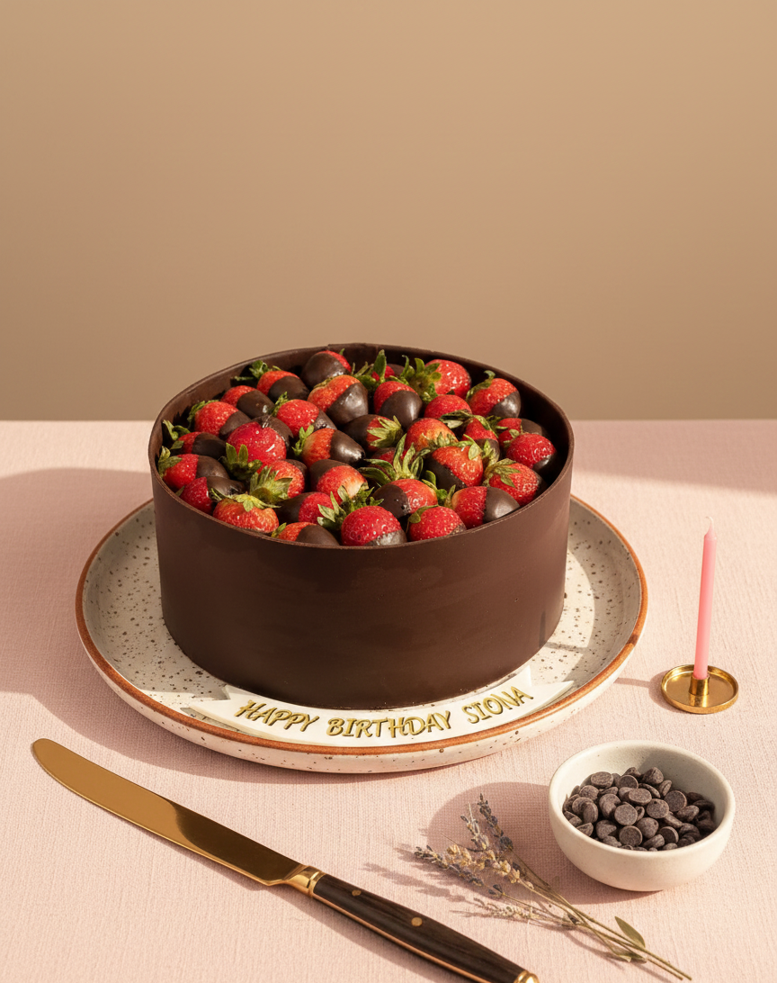 Chocolate truffle cake with full strawberries (half dipped)